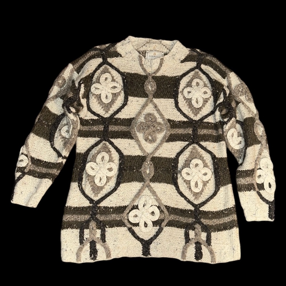 Express Tricot Handknitted Angora Blend Beige Crewneck Sweater Sz XS Vintage 90s